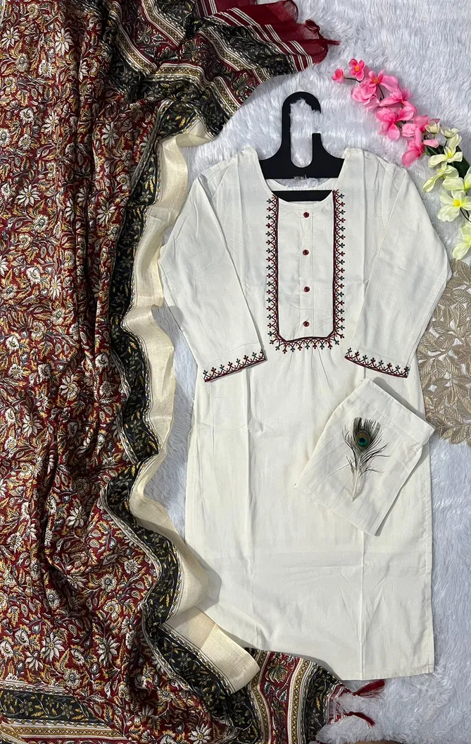 VT Designer Off White Embroidery Khadi Cotton Kurti With Bottom Dupatta Wholesale Online